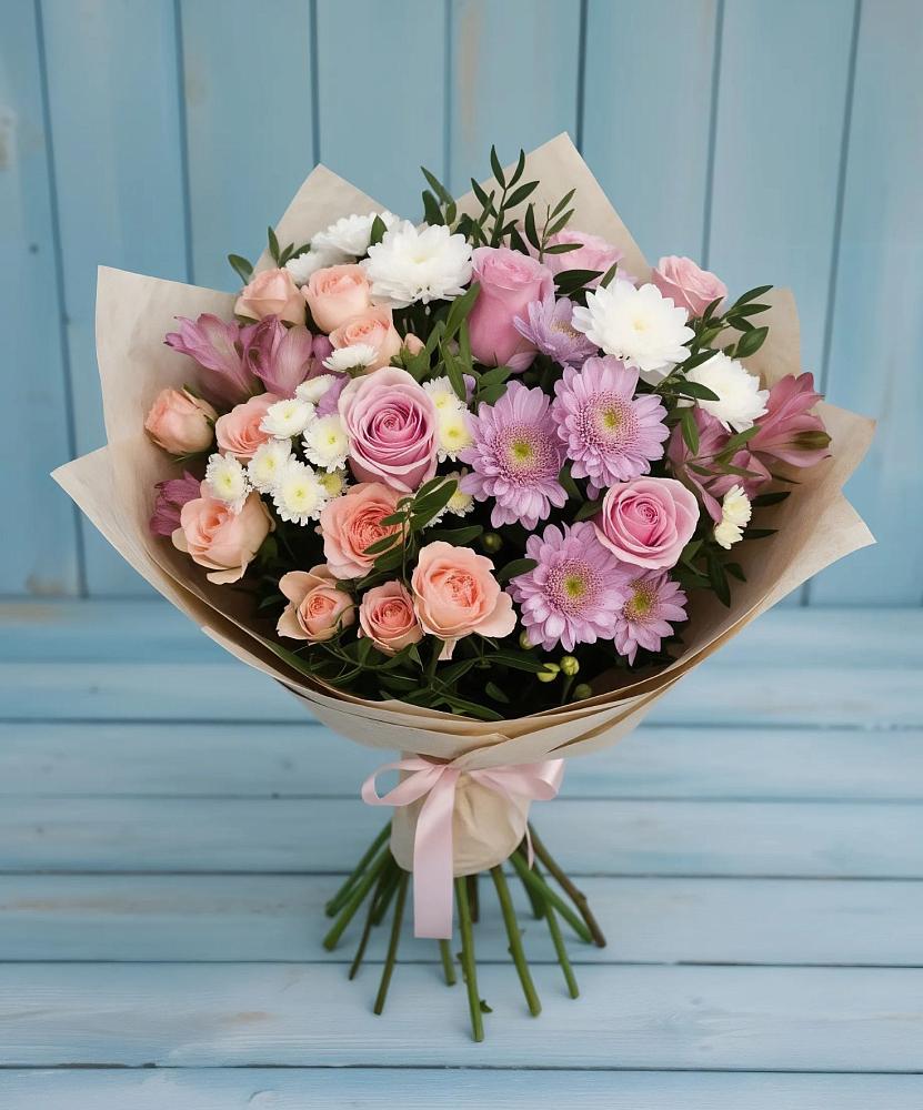 Букет цветов из: Хризантемы, Розы и Альстромерии в Бузиновской