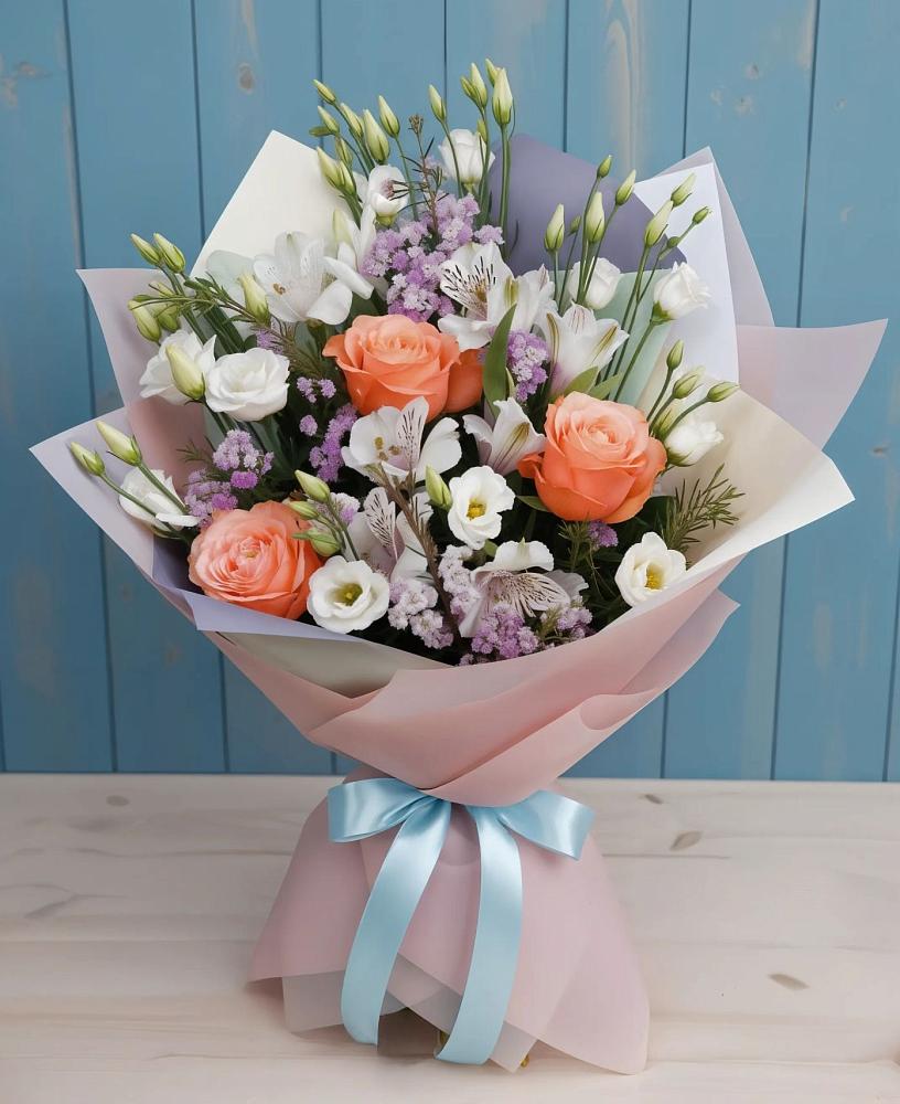 Букет цветов из: Лизиантусы, Розы, Альстромерии и Гипсофила в Бузиновской