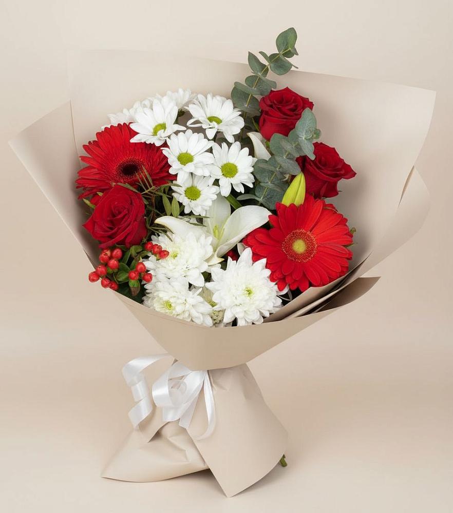 Букет цветов из: Розы, Хризантемы, Герберы и Лилии в Бузиновской