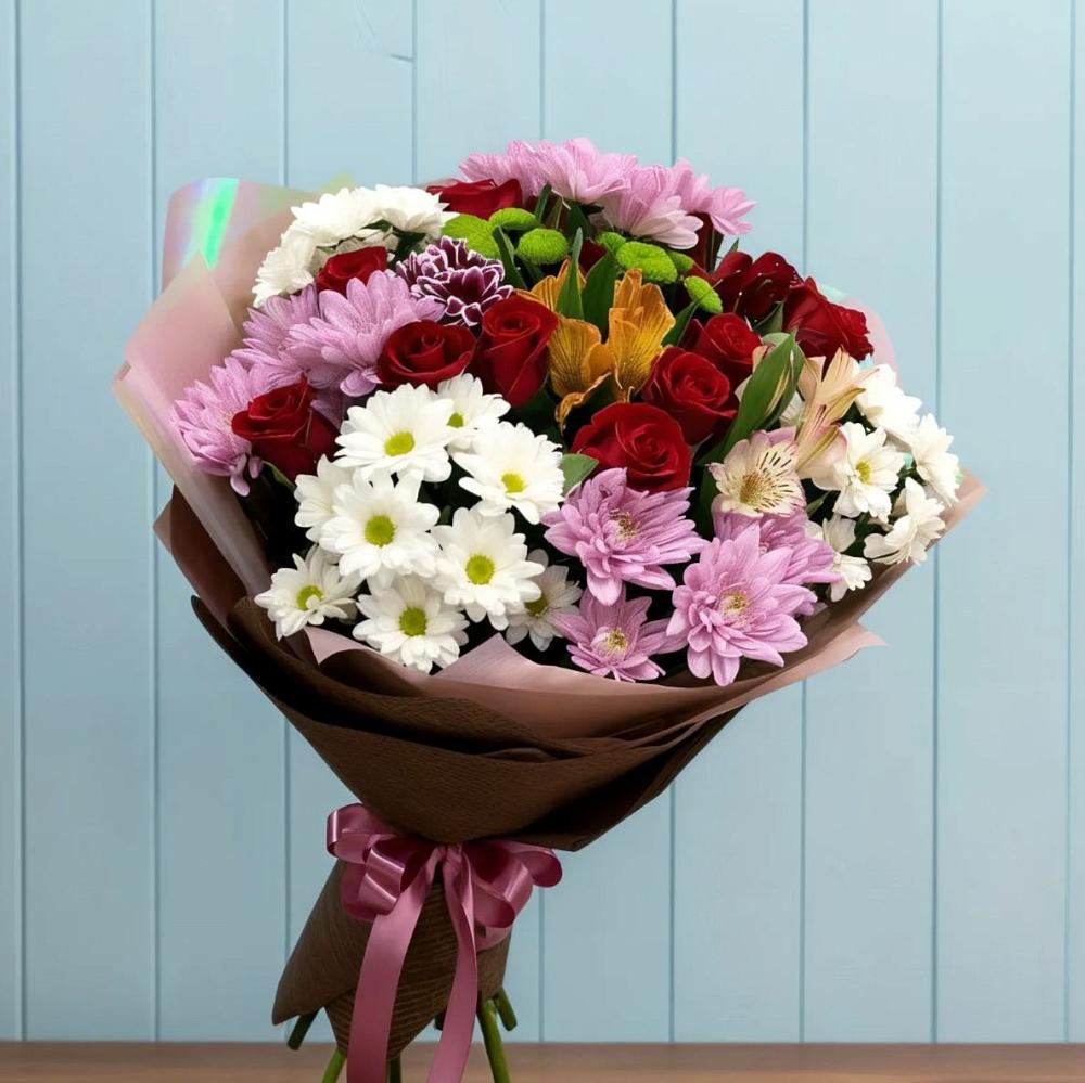 Букет цветов из: Розы, Хризантемы и Альстромерии в Бузиновской