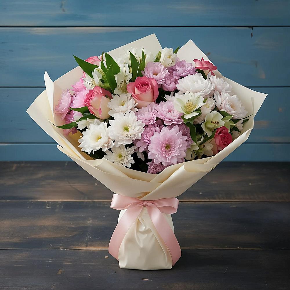 Букет цветов из: Хризантемы, Альстромерии и Розы в Бузиновской